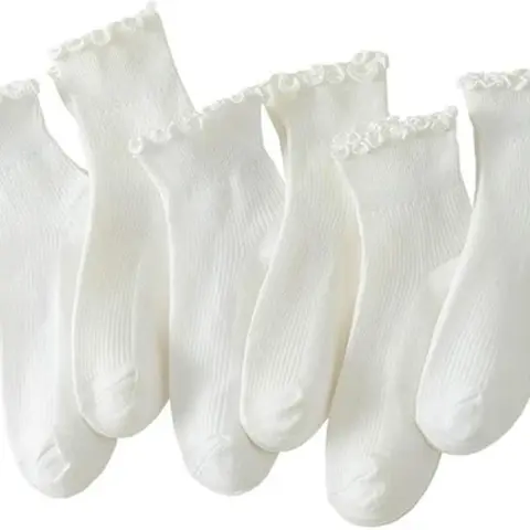 6 Pairs of Ruffle Socks Women, Cute Ruffle Ankle Socks, Size: US (5-9), Colour: White
