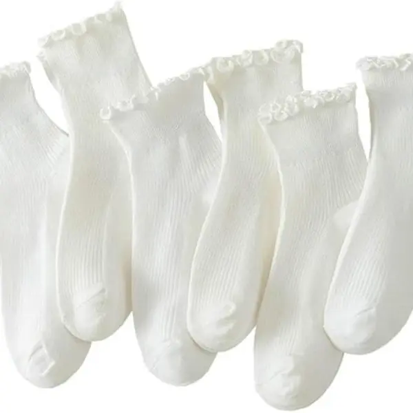 6 Pairs of Ruffle Socks Women, Cute Ruffle Ankle Socks, Size: US (5-9), Colour: White