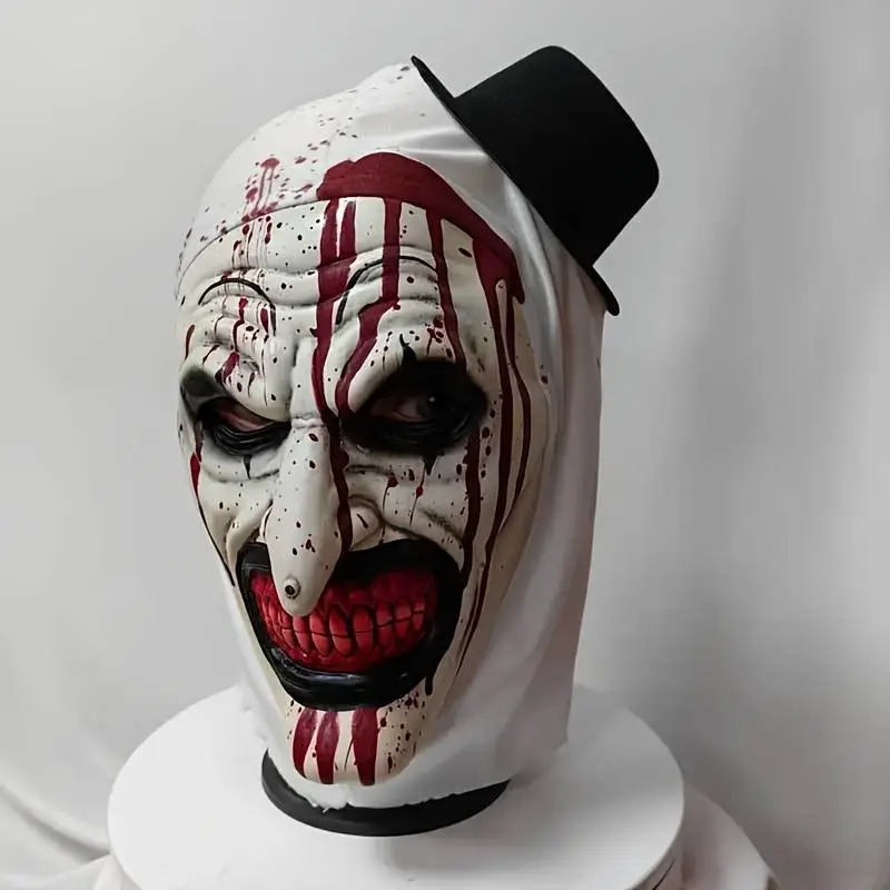 Adult Terrifier Art the Clown Latex Mask - Spooky Bloody Horror Eye, Hat-Included Resin Prop, Handcrafted Vintage Dark Comfortable Glow Rechargeable Custom Halloween Cosplay Decor Christmas Cloth