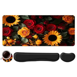 4pcs Sunflower and Rose Floral Design Mouse Pad + Keyboard Wrist Rest + Ergonomic Mouse Pad + Coaster Set For Desktop Decoration, Office Accessories Set Ergonomic Wrist Support, Computer Mat Mouse Pad Coaster Suitable For Home Office Gaming