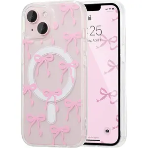 UEEBAI Magnetic for iPhone 14 & iPhone 13 Case, Bow Case Compatible with MagSafe, Wireless Slim Clear Ribbon Phone Cover Anti-Yellowing Shockproof Protective Cover for Women Girl - Pink