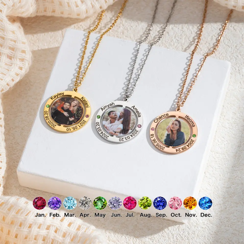 AS1685 Custom Photo Engraving Name Inlaid Birthstone Round Pendant Stainless Steel DIY Color Photo Necklace Holiday Birthday Gift