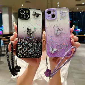 Phone Case - Gradually Sparkling Starry Sky Pink for Iphone 15 15Pro 15Plus 15Promax 14Pro 14Plus 14Promax 13 13Pro 13Promax 12 12Pro 12Promax 11Promax 11 Flash Diamond Butterfly Phone Case with Hanging Cord