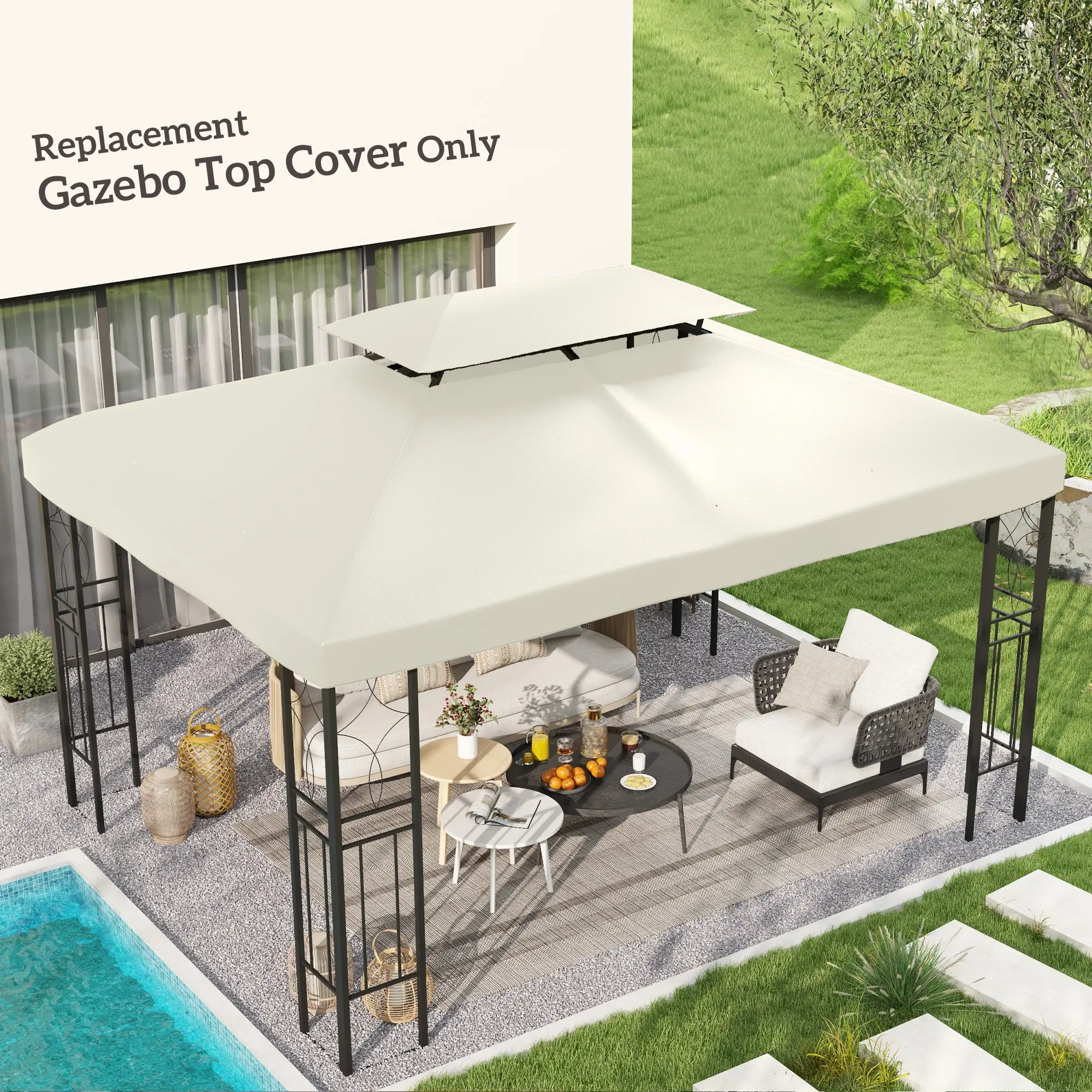 Charcoal Two Tier Gazebo Replacement Canopy 13point1x9point84ft UV Resistant PA Coated Top for Backyard Garden Gazebo Renovation
