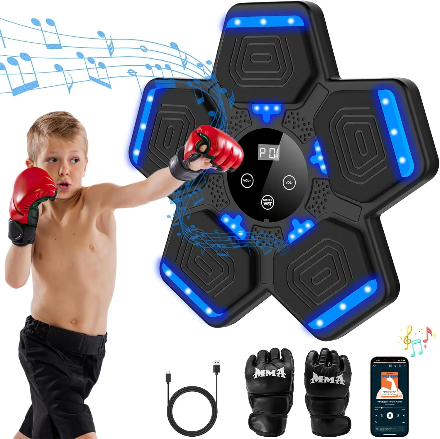 Boxing Training Machine with LED Lights and Bluetooth Connectivity for Kids and Adults