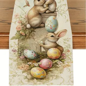1Pcs Easter Oil Painting Style Table Runner, Cute Rabbit Pattern, Vibrant Bunny Pattern, Spring New Home Decor, Durable Polyester Material, Multiple Uses, Suitable for Dining Room Kitchen TV Stand Wardrobe