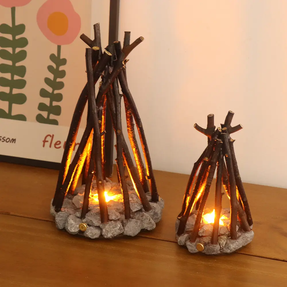 Rustic LED Flame Night Light - USB Rechargeable Fake Fire Lamp with Flickering Effect, Crackling Sound, Cozy Glow, Wooden Sticks, Portable Compact Cabin-Inspired Cabin Look Decoration, Indoor Safe Gift for Bedroom Camping Home Decor Statue, Desk