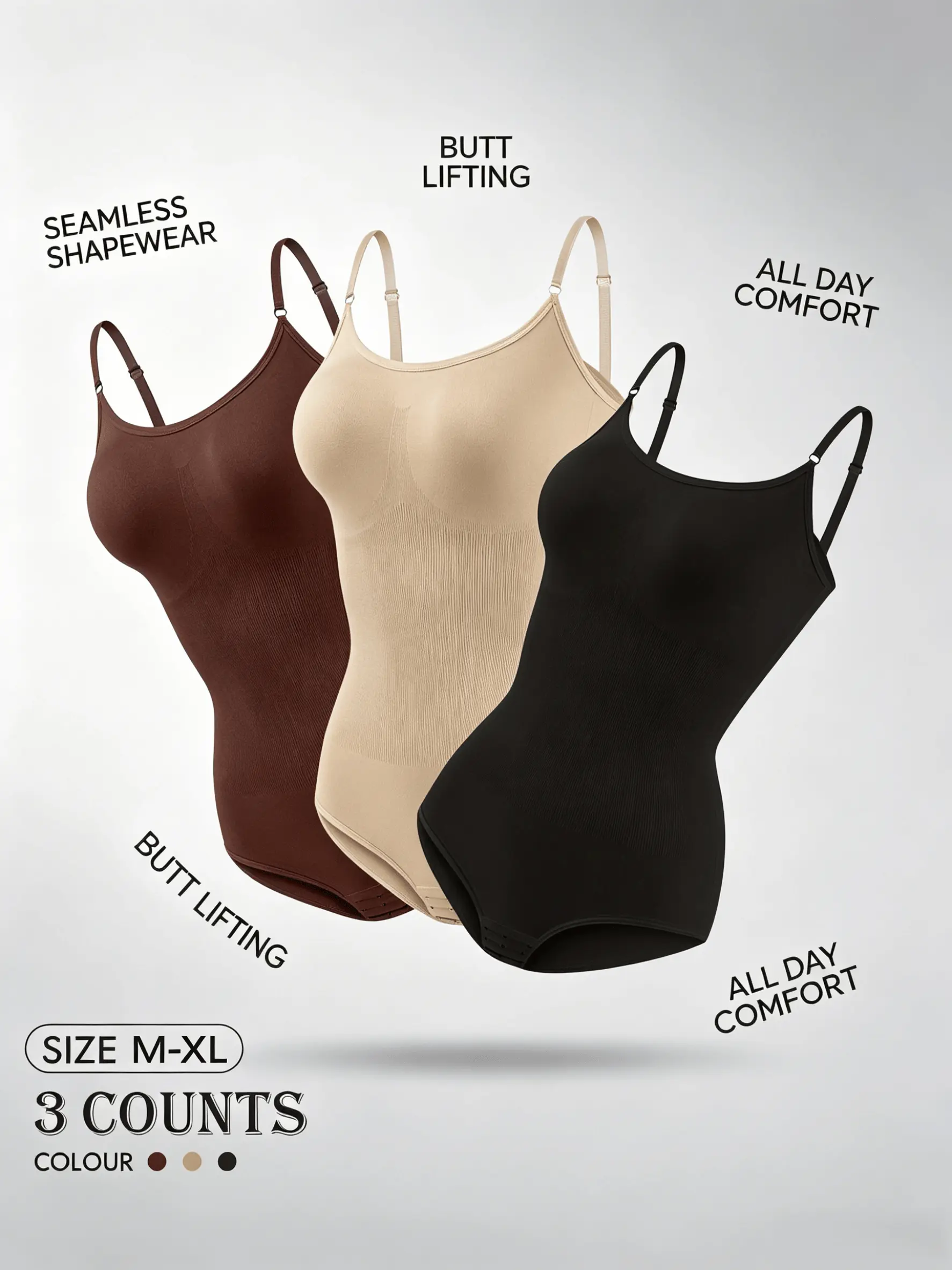 Women's 3-Pcs Seamless Shapewear Bodysuit - Tummy Control, Butt Lifting, High Elastic, Soft, Breathable Underwear