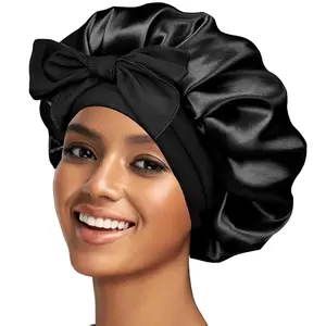 Silk Bonnet Satin Bonnet for Sleeping Large Bonnets with Tie Band Hair Wrap with Adjustable Straps Hair Cap for Women Curly Black