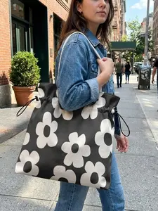 Floral Pattern 2D Printed Drawstring Tote Bag, Multifunctional Portable Bag, Large Capacity Shopping Bag, Durable and Wear-Resistant, Suitable for Work, Shopping, Picnic