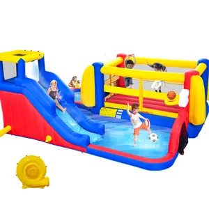 Outdoor Family Inflatable Water Park Bouncy Castle - Continuous Blower-Inflated Slide Water Slides Play Structure for Domestic Backyard Lawn Soft Ground Use