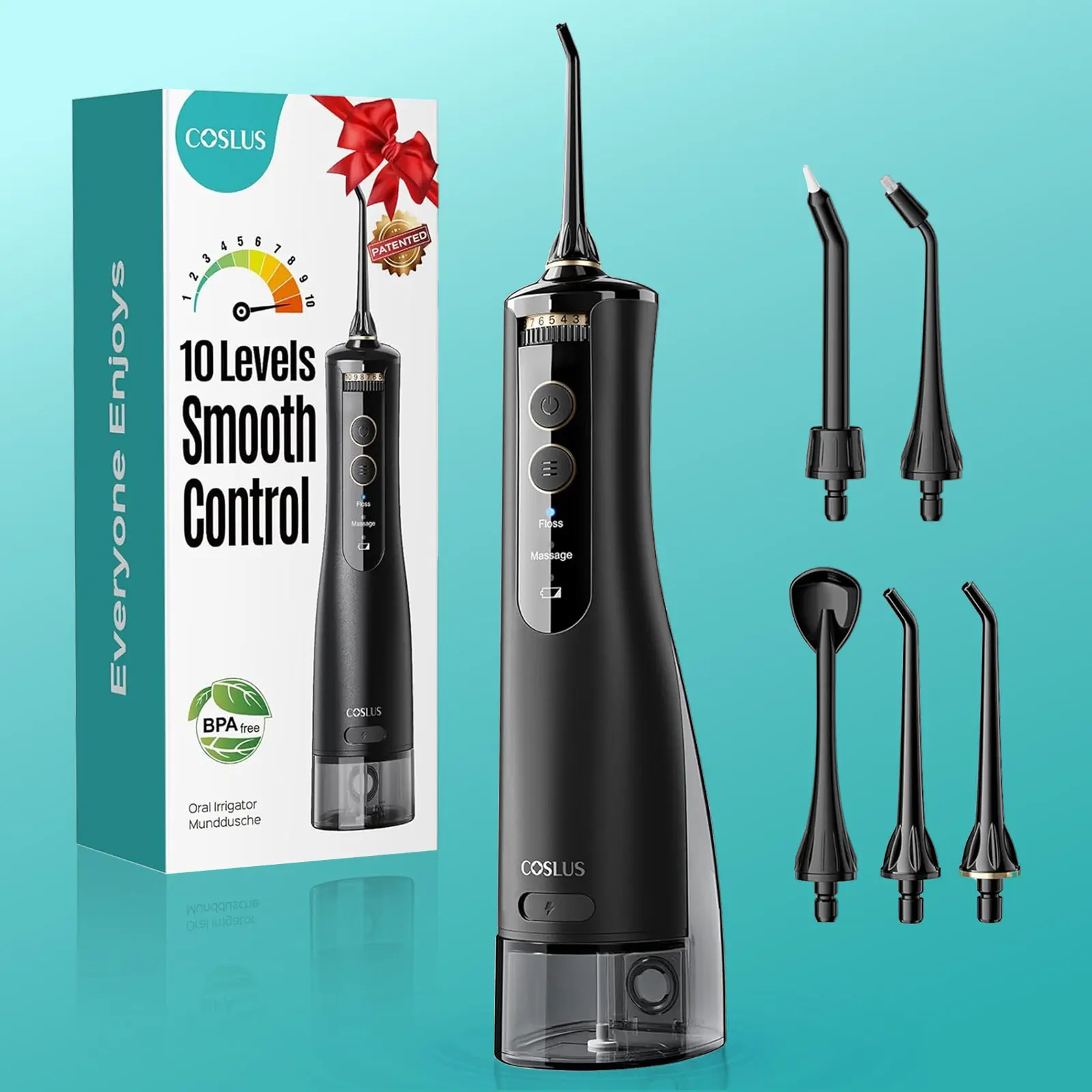 COSLUS E40 Portable Oral Irrigator for Adults, Ergonomic Cordless Water Flosser with Dual-Stream Tech, 10 Pressure Settings, 5 Nozzles, IPX7 Waterproof for Gum Health, Braces, Sensitive Teeth, Deep Clean, Beauty Products, Seamless Use back to school
