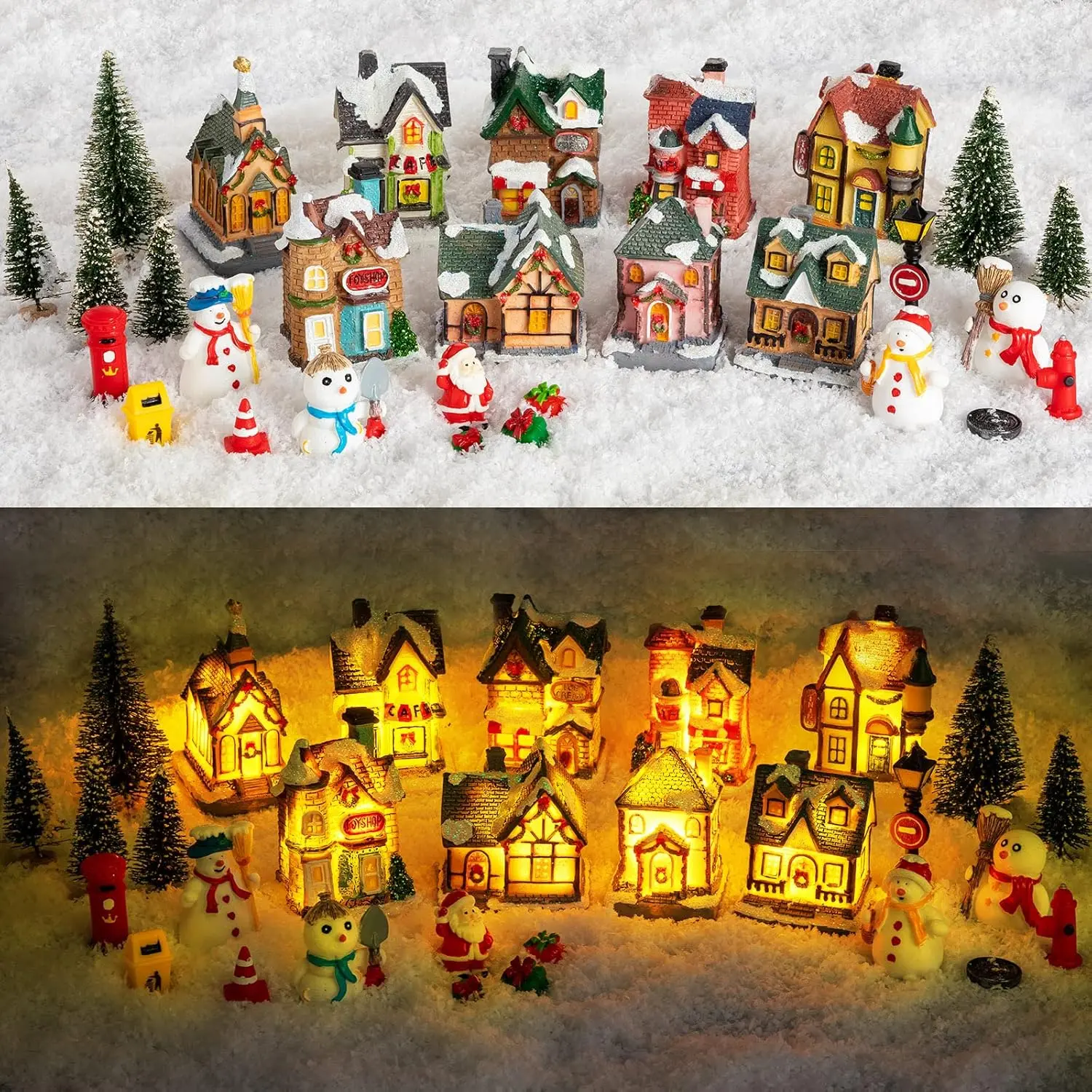30 Pcs Christmas Village Sets Light Up Christmas Town LED Tiny Resin Village Figurines Collection Display Xmas Table Decor Ornaments