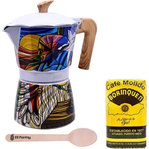 Puerto Rico Greca de Cafe Gift Set| Boricua Art Stovetop Coffee Maker & Moka Pot| with Authentic Cafe Borinquen| Coffee Maker, 6 Espresso Cups (Cafe Borinquen)