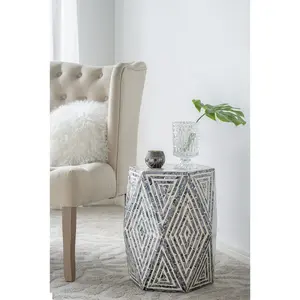 16x14x18" Hexagon Garden Stools, Unique Capiz Accent Side Table, Black/White On-Site