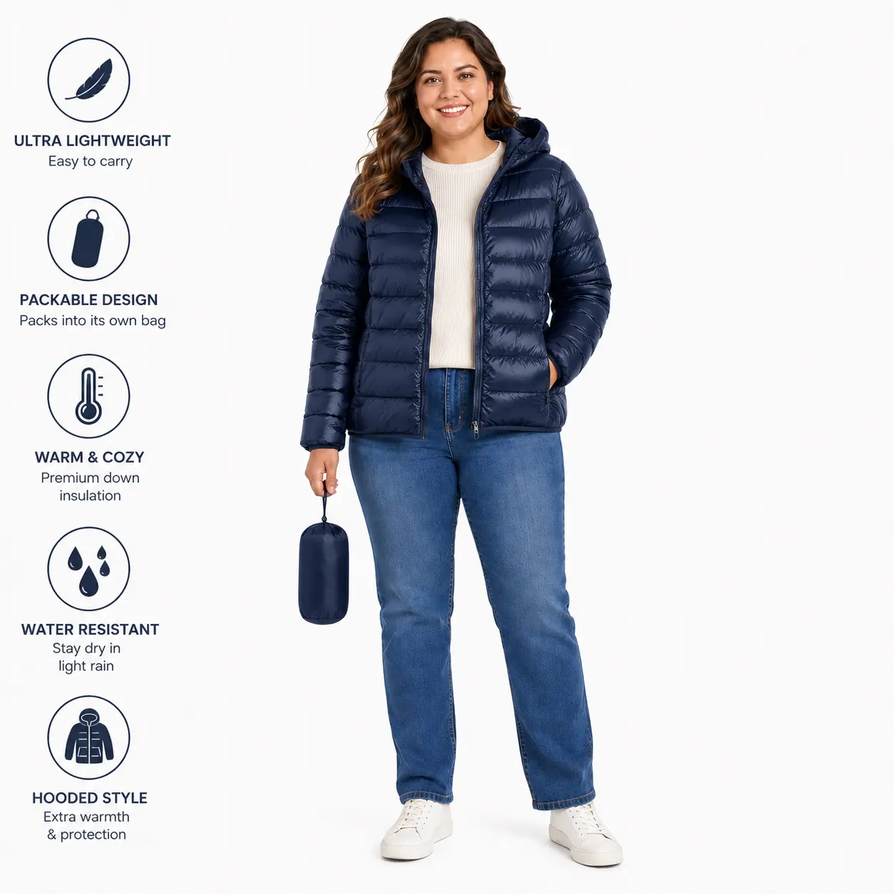 Women’s Plus Size Lightweight Down Jacket 2XL-5XL, Hooded Packable Puffer Coat, Water Resistant Warm Winter Jacket