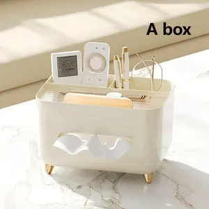 Desktop Tissue Storage Box, 1 Count Practical Storage Multifunctional Desktop Storage Box with Remote Control Holder, Home Organizer for Living Room Bedroom