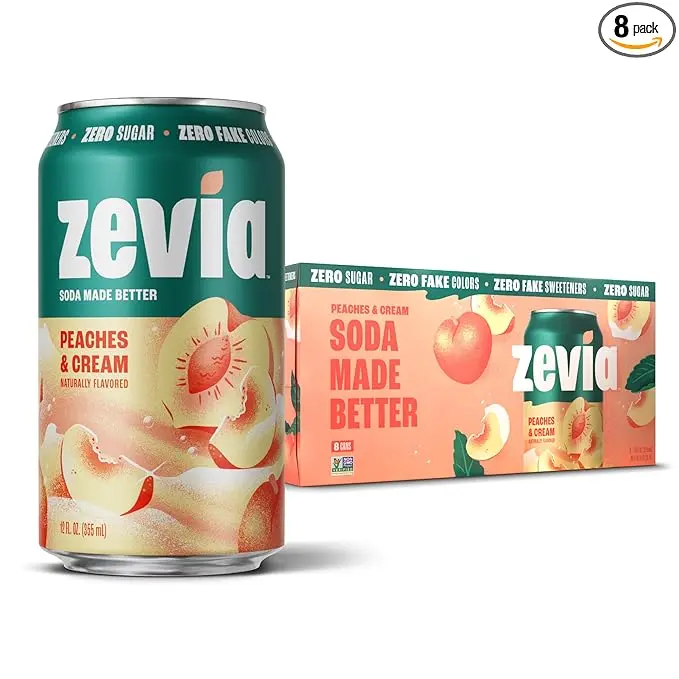 Zevia Zero Sugar Soda, Peaches & Cream, 12 oz Cans, 8 Pack, Caffeine Free, Naturally Sweetened, Zero Calorie, Non-GMO, Gluten Free, Vegan