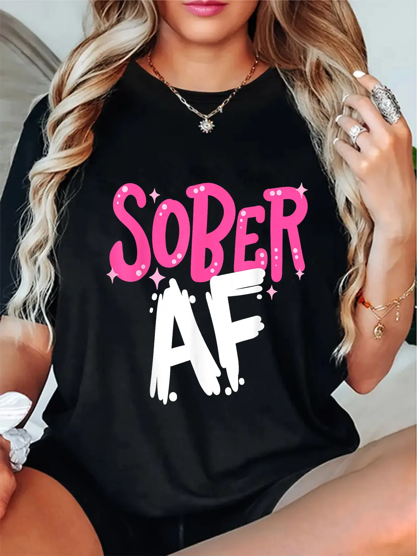 100% Cotton Sober AF Funny Sobriety Anniversary AA NA Recovery Women T-Shirt