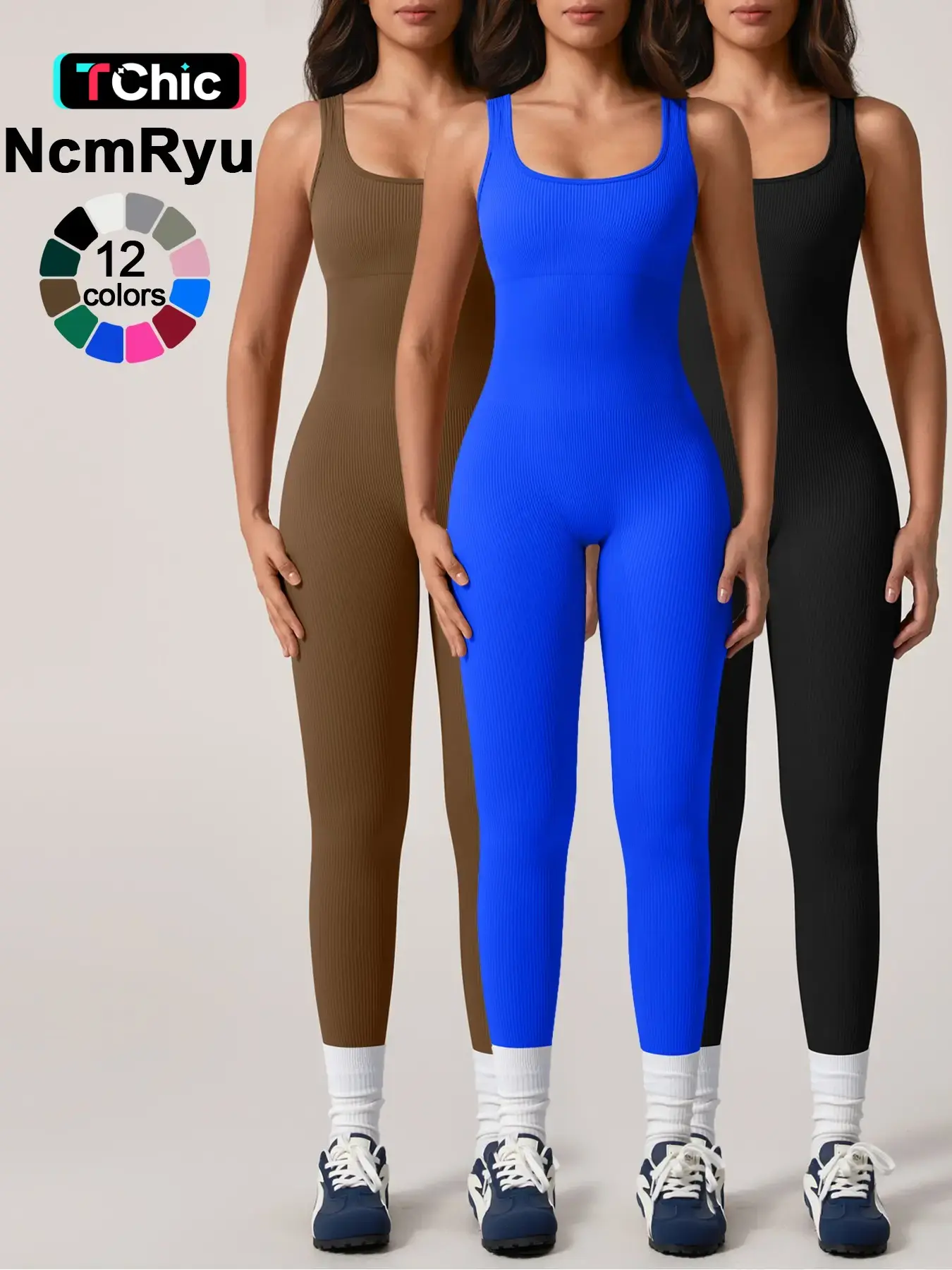 Women's Seamless One-Piece Hip Lift Crew Neck Tummy Control Jumpsuit with Tank Top, Tummy Control Dance & Fitness & Workout Set, Stretch Sportswear for Outdoor Activities
