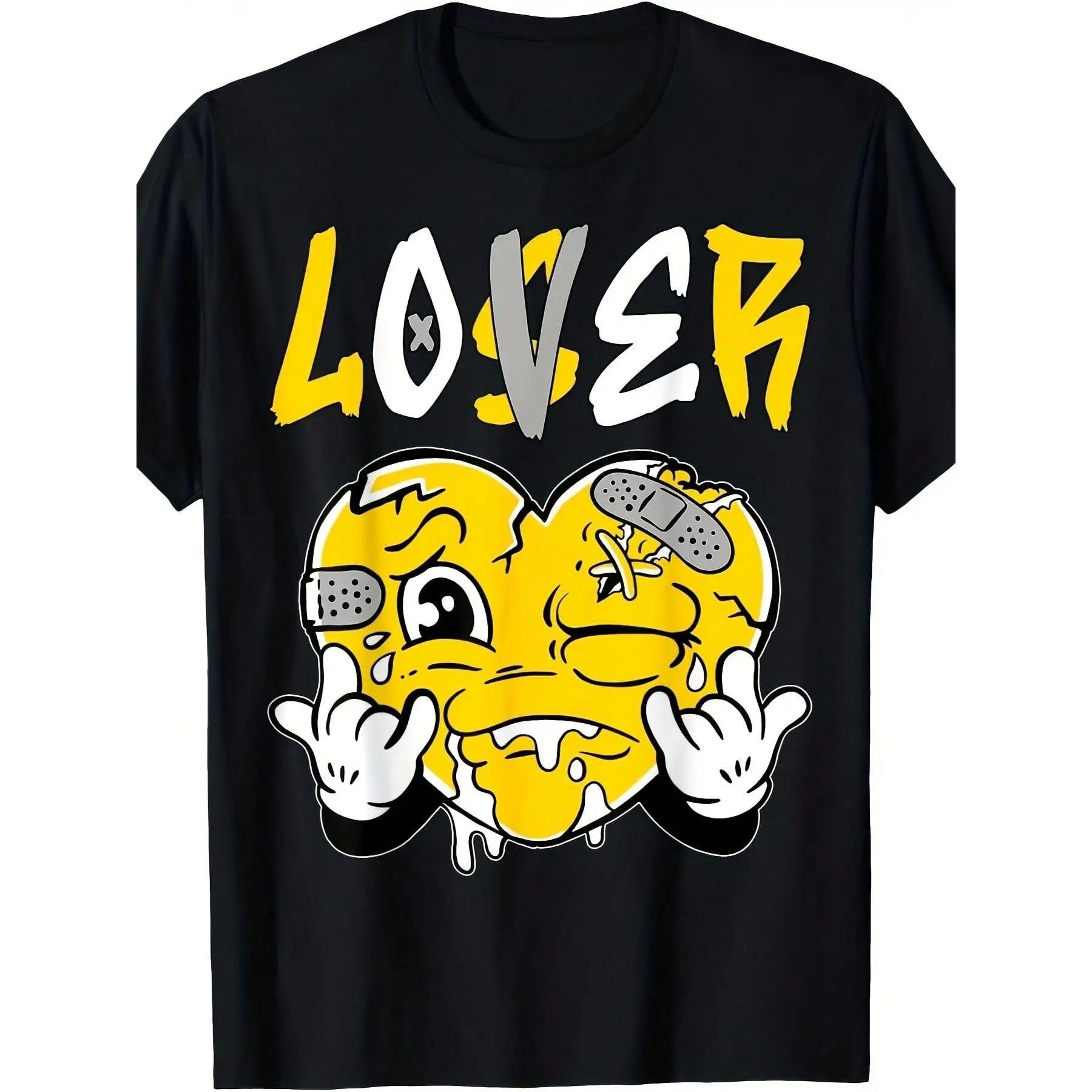Men's Loser Lover Yellow Drip Heart Graphic Tee - Shortleeve Round Neck Menswear Casual Top, Soft Comfortable Holiday Unisex Couple Matching Wear, Shortsleeve, Cotton