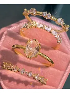 Valentine's Day Gift for Her! Sparkling Zircon Inlay Stackable 4-Piece Ring Set - Elegant Rectangular Accents, Perfect for Everyday & Anniversary Wear, Bridal Ring Set