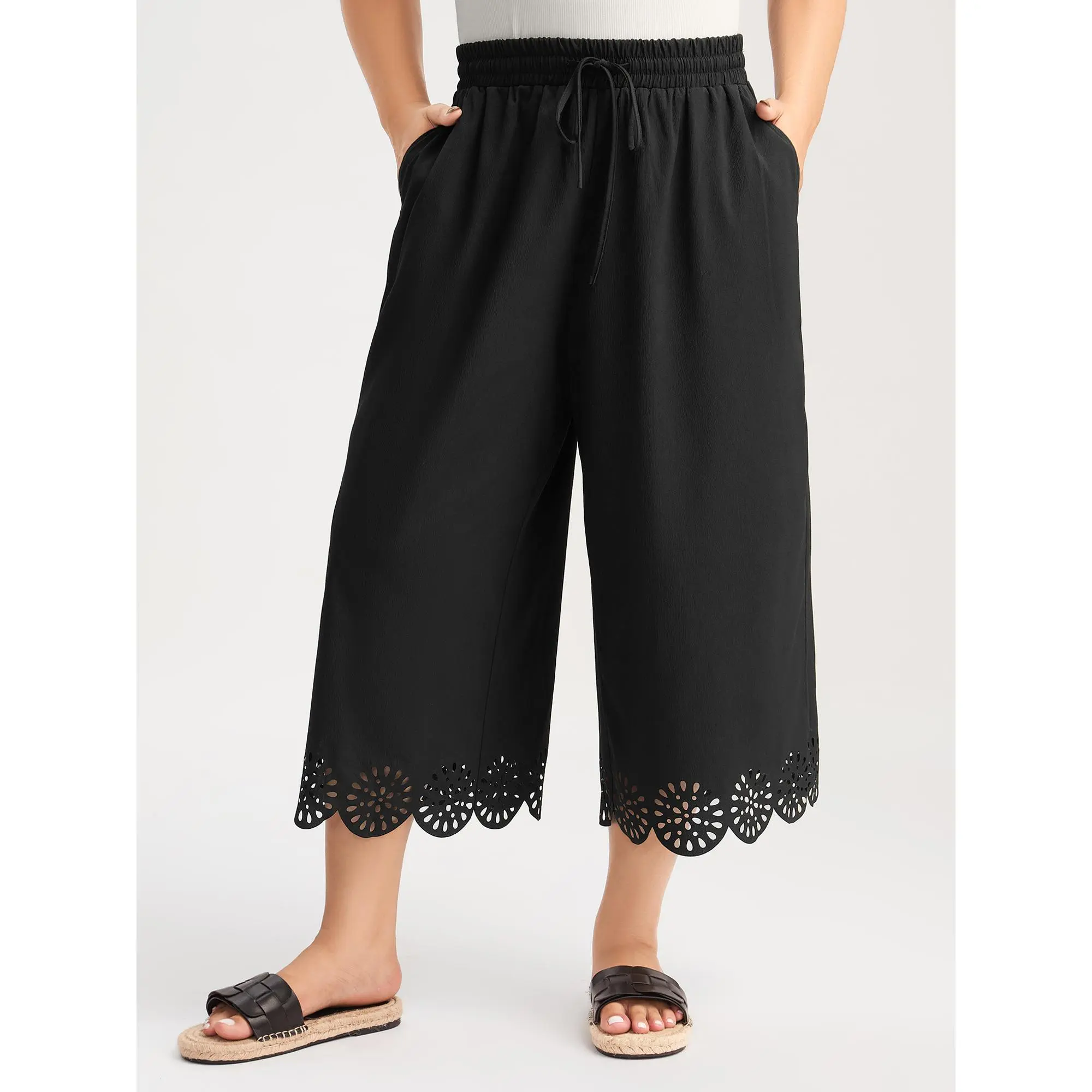 BloomChic Women's Plus Size Solid Capri Pants, Lightweight and Breathable Pull-On Style with a Smocked Mid-Rise Waist, Wide Leg, Casual, Fabric, Pocket, Capri Length, Machine Wash, Spandex Blend, Ankle Capri Pants