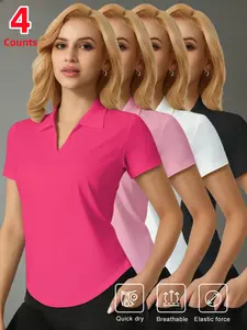 Women's Moisture-Wicking Breathable Polo Shirt Set, Short Sleeve Fitted Casual Sports Top for Running Golf, 4 Piece Pack Golf T Shirts