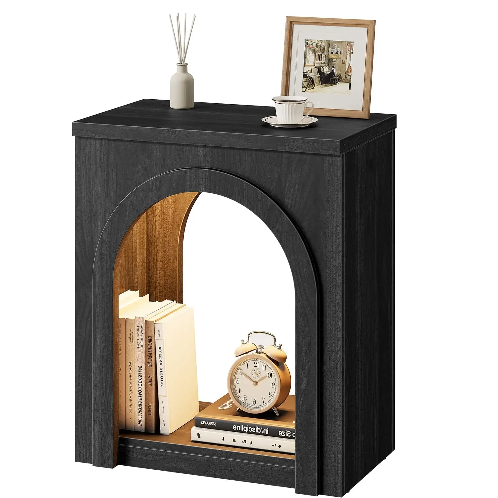SIKAIC Arched End Table with LED Lights, Mid Century Modern Nightstand with Open Shelf, Matte Black Side Table for Living Room & Bedroom