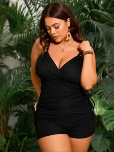 Women's Plus Size 1-Piece Sculpting Swimsuit - Trendy Monokini Bathing Suit with Crisscross Back, Ruched Front, High Waist Bottom, Deep V Neck, Adjustable Stretchy Fabric, for Beach, Swimsuit For Beach