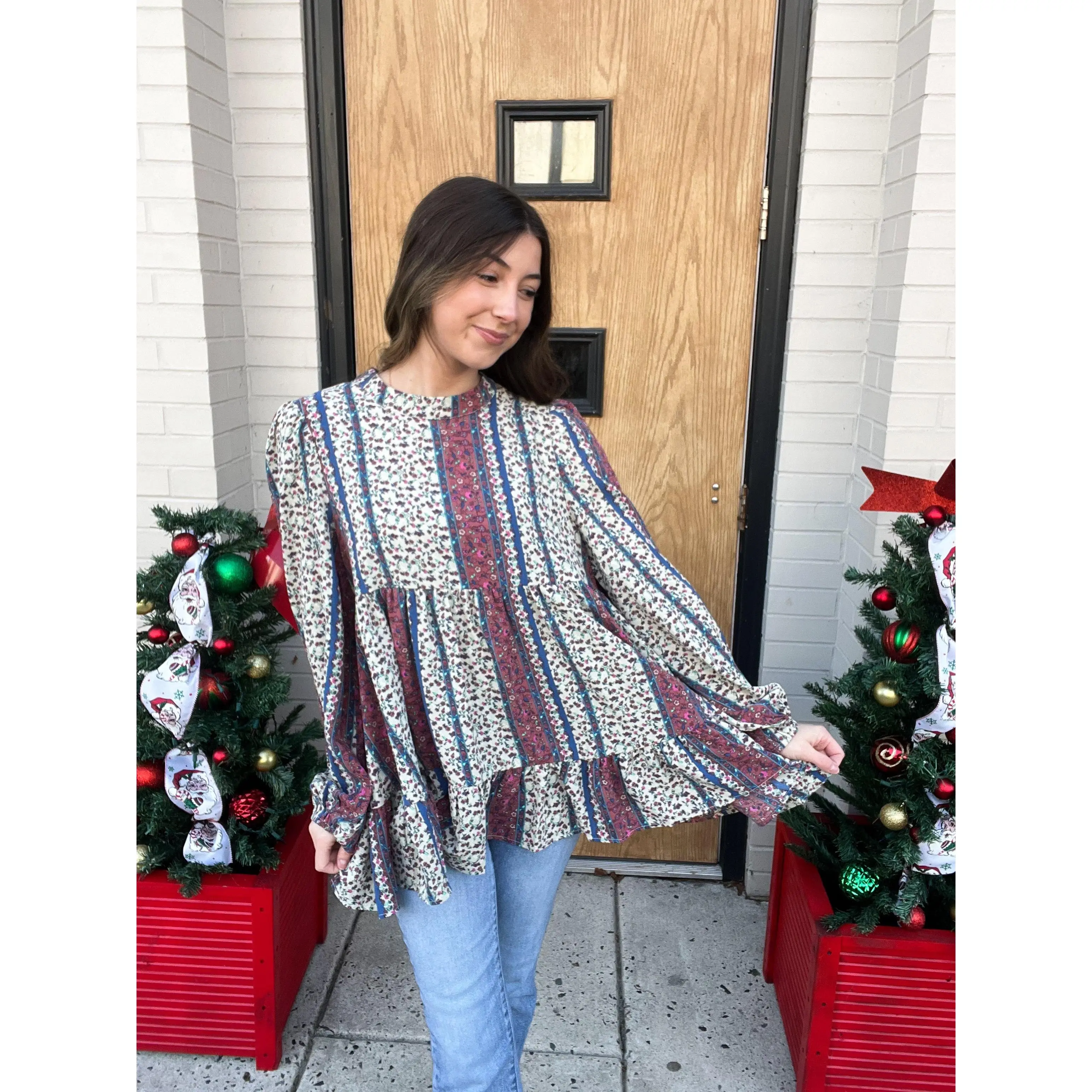 Multi-Color Bohemian Print Mock Neck Babydoll Top