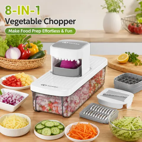 KEOUKE 8-in-1 (8 Functions in 1) Plastic+Steel Vegetable Mandoline Slicer - Stable Non-Slip Base Kitchen Appliance with Drainage Holes, Container for Onion Potato Prep, Clean and Organized Kitchen Supply
