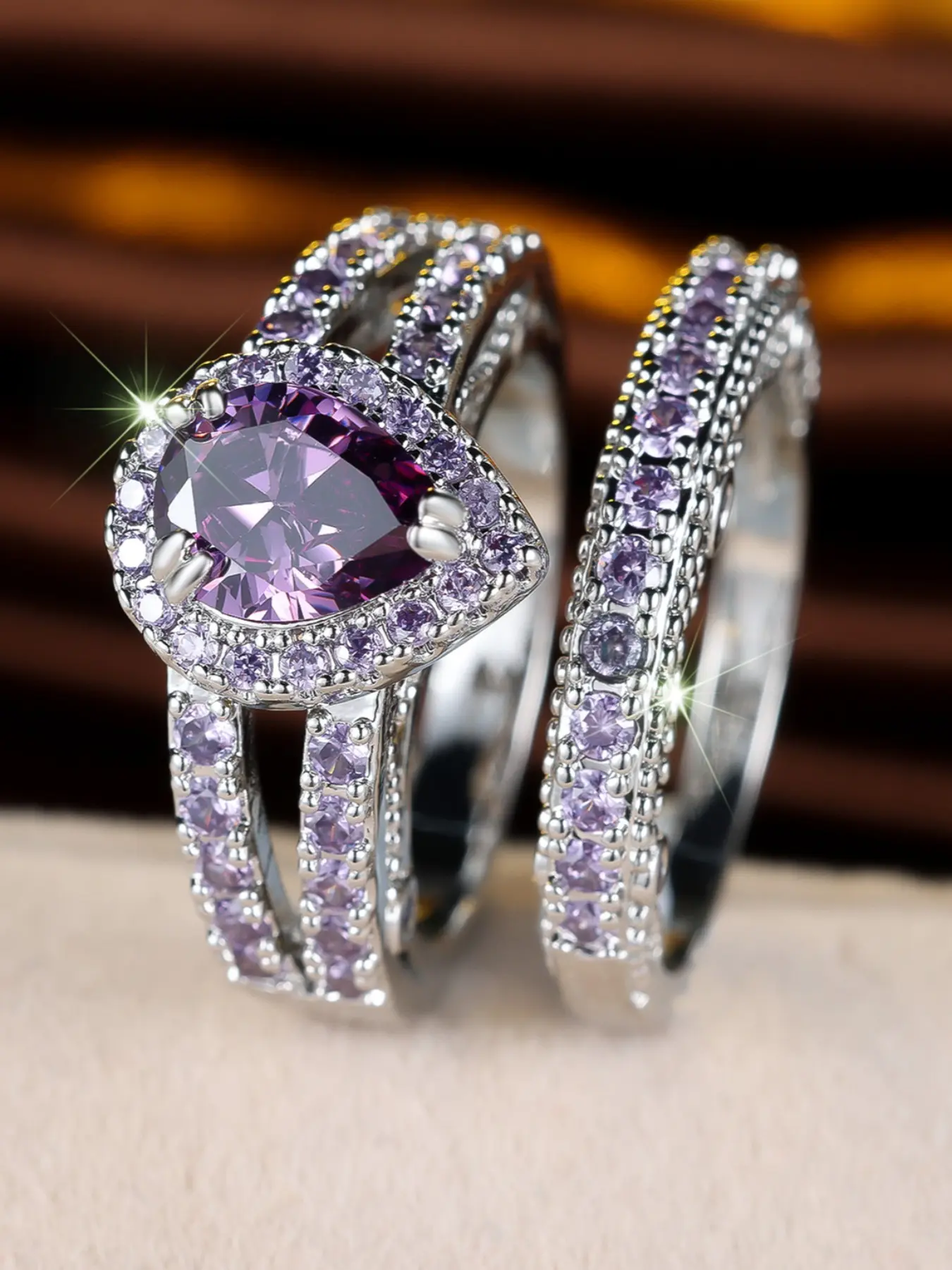 2-piece ring set, purple teardrop synthetic sparkling zircon inlay engagement ring, stackable rings for women, Artificial Gemstone Ring, exquisite birthday anniversary gift for her, Stacking Ring Set, Ring Jewelry