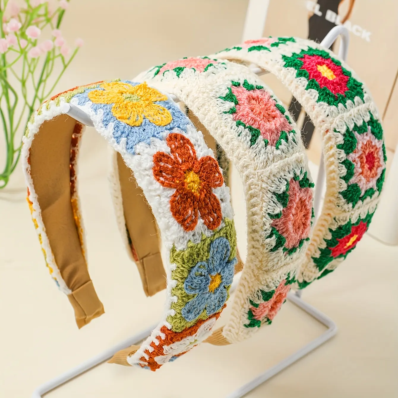 Women's 3pcs Boho Chic Crochet Floral Embroidered Wide Polychrome Headbands Set - All-Casual Female Hair Accessories for Everyday Fashion