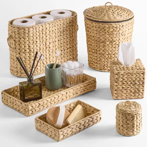 Best Choice Products 6-Pc Water Hyacinth Bathroom Storage Set, Includes Trays, Trash Bin, Toilet Paper Storage, Tissue Box Cover, Garbage Can
