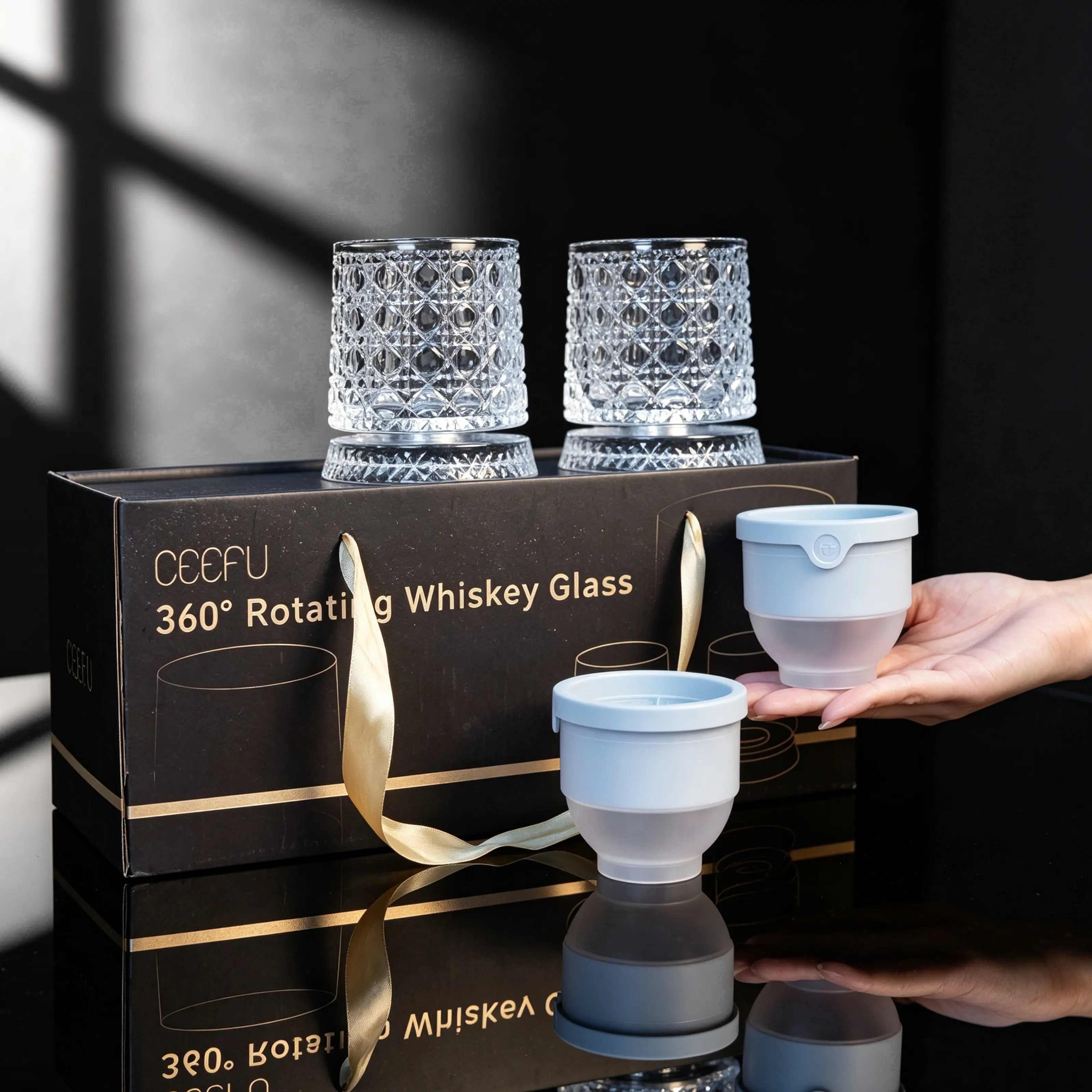 360° Spinning Whiskey Glass Set – 2 Crystal Glasses with Ice Ball Molds & Gift Box | Stress-Relief Bourbon Scotch Glassware  for Wine Whiskey Lovers, Any Occasion,Perfect for Halloween, Trick-or-Treat Parties, Spooky Home Décor & Holiday Gifts