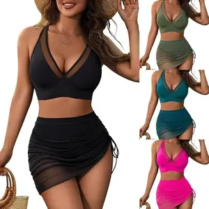 Trending Sexy Mesh Sarong Wrap & High Waisted Bikini Set – TikTok Viral Tummy Control Swimsuit for Women, Mesh Bathing Suit with Cover Up