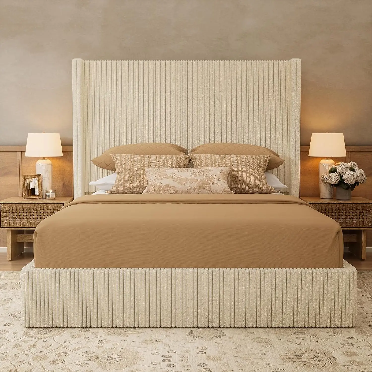 Yechen Beige Corduroy Upholstered Wingback Bed Frame - 51.2" High Headboard, Hydraulic Lift-Up Storage, No Box Spring Needed, Bohemian Modern Upholstered Bed Frames for Apartment Furniture
