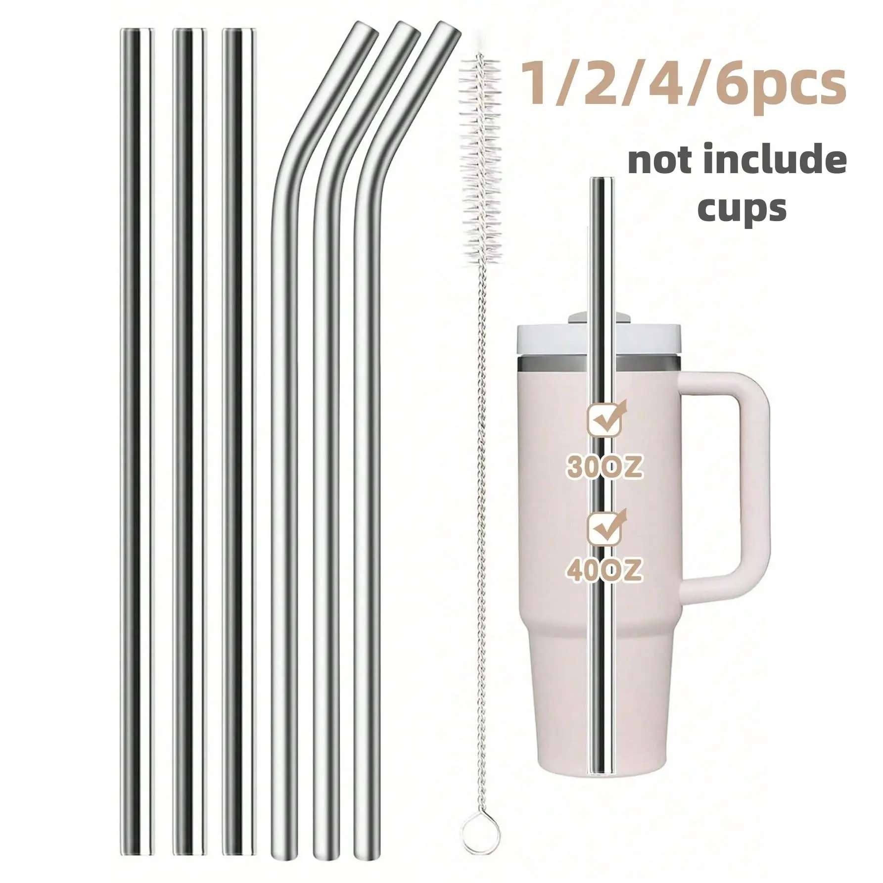 1/2/4/6PCS Extra Long Stainless Steel Reusable Metal Drinking Straws with Cleaning Brush - Perfect for Stanley 40oz & 30oz Tumbler, Eco-Friendly Replacement for Plastic Straws, Durable and Easy to Clean, Hot Selling Sustainable Accessories