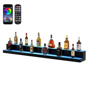VEVOR LED Lighted Liquor Bottle Display, 2 Tiers 60 Inch Commercial Illuminated Home Bar Shelf, 2 Steps Whiskey Rack Stand, Acrylic Drink Shelves with RF Remote App Control, and Multicolor lighting