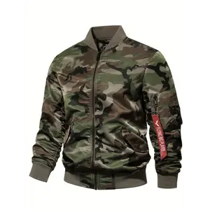 Men's Casual Full-Zip Bomber Jacket - Camouflage Print Blouson Coat, Basic Menswear with Pocket, Sporty Sports Outerwear for Spring & Fall Outdoor Activities