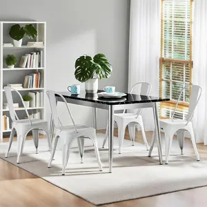 Set of 4 Stackable Metal Dining Chairs with Backrest, Scratch-Resistant Industrial Side Chairs with Non-Slip Feet for Kitchen, Dining Room, or Patio – White