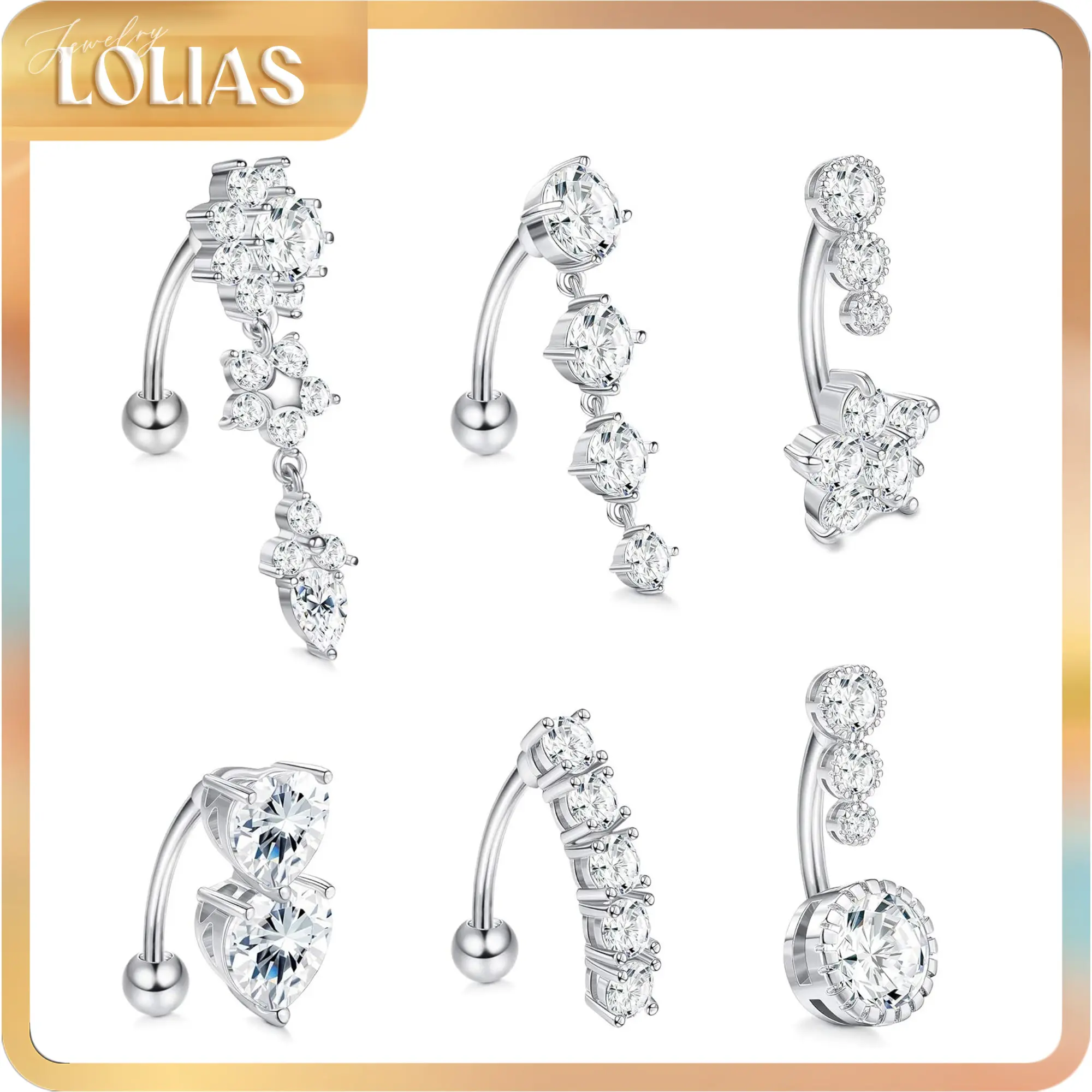 LOLIAS 6 Pcs 14G Dangle Belly Button Rings for Women 316L Surgical Steel Clear CZ Barbell Piercing Dangle Reverse Curved Navel Barbell Body Jewelry