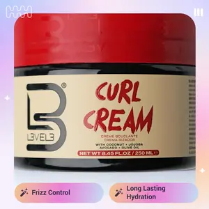 L3 Level 3 Hydrating Curl Cream with Coconut & Jojoba Oil for Curly Hair - Lock In Moisture Shine Gel Haircare Gentle Formula Long Lasting Frizz Control
