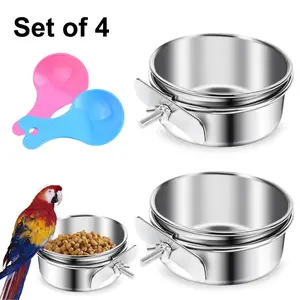 Set Of 4 Bird Feeding Dish Tools- Including 2pcs Stainless Steel Bird Feeding Bowls & 2pcs Spoons, Parrot Food Bowl with Clamp Holder Water Bowl For Birds, Rabbits, Hamsters, Small Pets