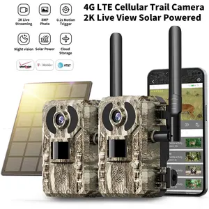 2- Pack 2K 4G LTE Cellular Trail Camera with Solar Power, 3rd Generation Cellular Trail Camera with Live View, Remote Phone Access and Playback, Motion Activation and 0.2 Second Trigger Time, Night Vision, Built-in SIM Card, Game Trail Camera for Hunting