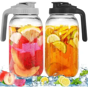 2 Pack Glass Pitchers with Lid, 64 oz Sun Tea Pitcher, Half Gallon Mason Jar Pitcher with Wide Mouth Airtight Lid for Ice Tea, Cold Brew Coffee, Fridge Water, Milk, Juices, Leak Proof Water Jug