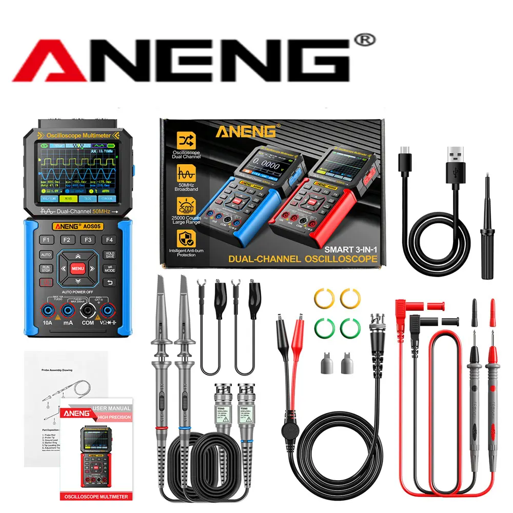 ANENG AOS05 3-in-1 Upgraded 2-Channel Handheld Smart Oscilloscope-Signal Generator with Multimeter Function, 50 MHz Bandwidth, 25000 Counts, Overload Protection, Data Cable, 0-750 V AC/0-9.999 A Testing, Capacitance/Resistance/Diode Checks for Schools