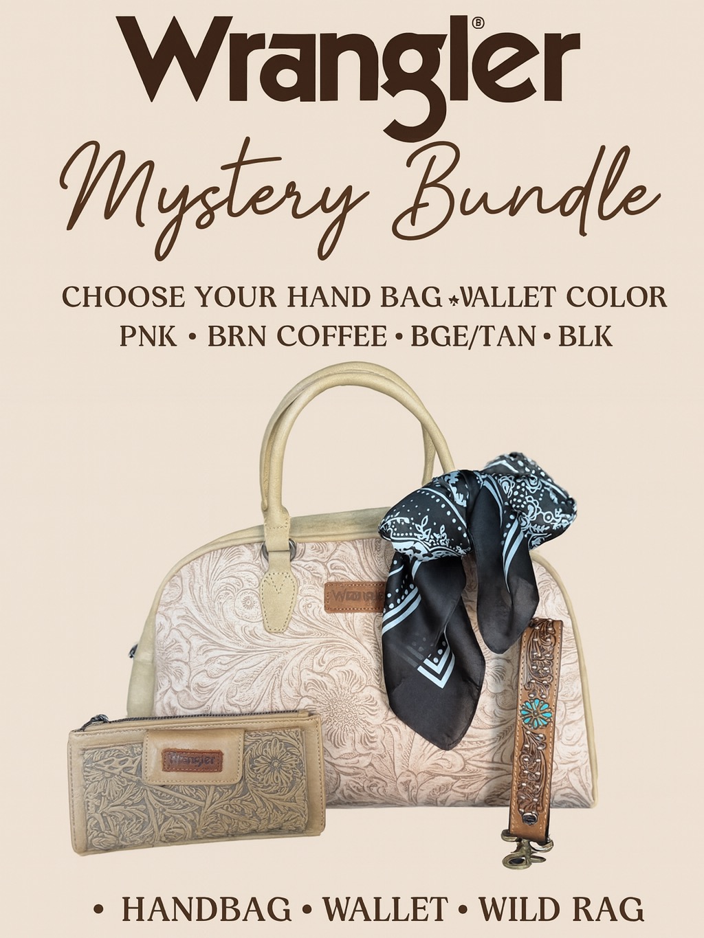 Wrangler Mystery Handbag & Wallet Bundle with Wild Rag + Leather Keychain