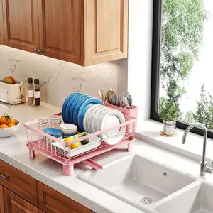 Compact Stainless Steel Dish Drying Rack with Utensil Holder & Drainboard 38x28x13cm Black Pink White for Kitchen Counter